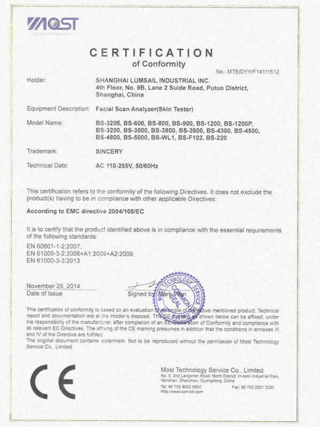 China Shanghai Lumsail Medical And Beauty Equipment Co., Ltd. certification